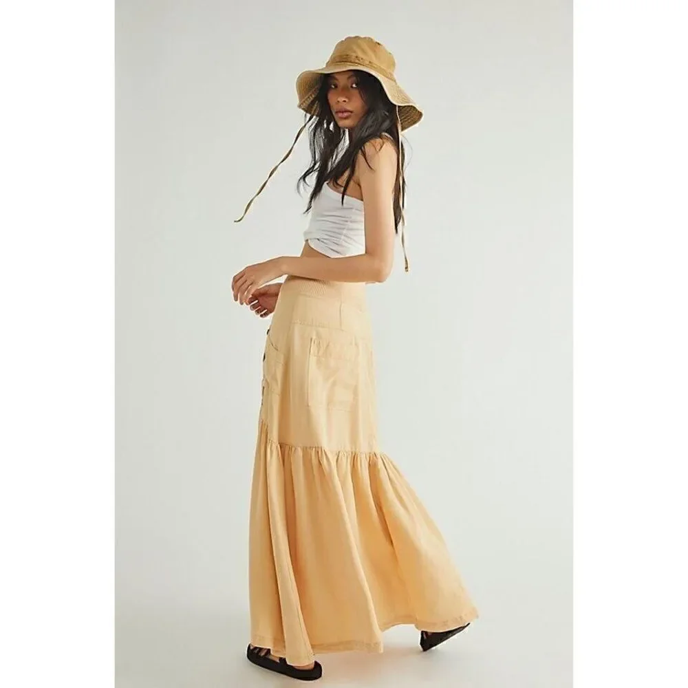 NEW FREE PEOPLE Sz 4 HOW I’M FEELING NOW UTILITY MIDI SKIRT MUSTARD SEED
